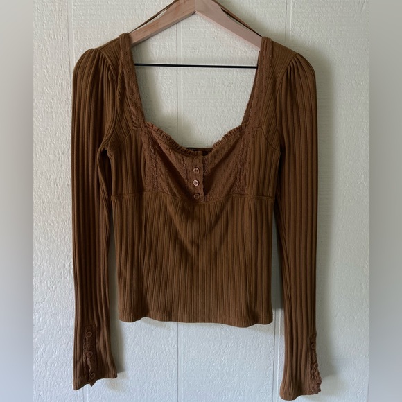 Free People Brown Ribbed Long Sleeve Top - Picture 2 of 5